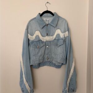 Ganni Light Blue Denim Jacket with White Fringe